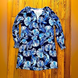 Lilly Pulitzer Brynle Silk Dress In Reel Life Bright Navy & Pink Long Sleeve S
